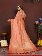 Lorenvalley Fashion Peach Soft Katan Silk Woven Design Zari Weaving Pallu Saree