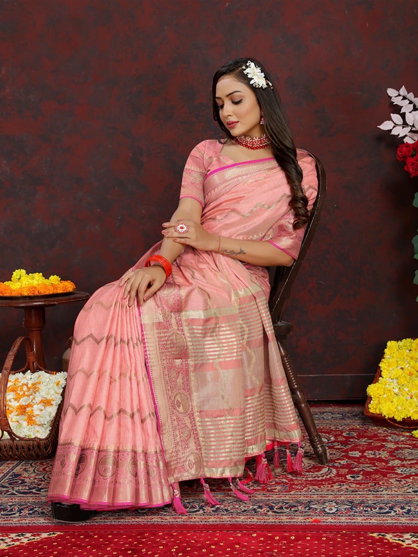 Lorenvalley Fashion Peach Soft Katan Silk Woven Design Zari Weaving Pallu Saree