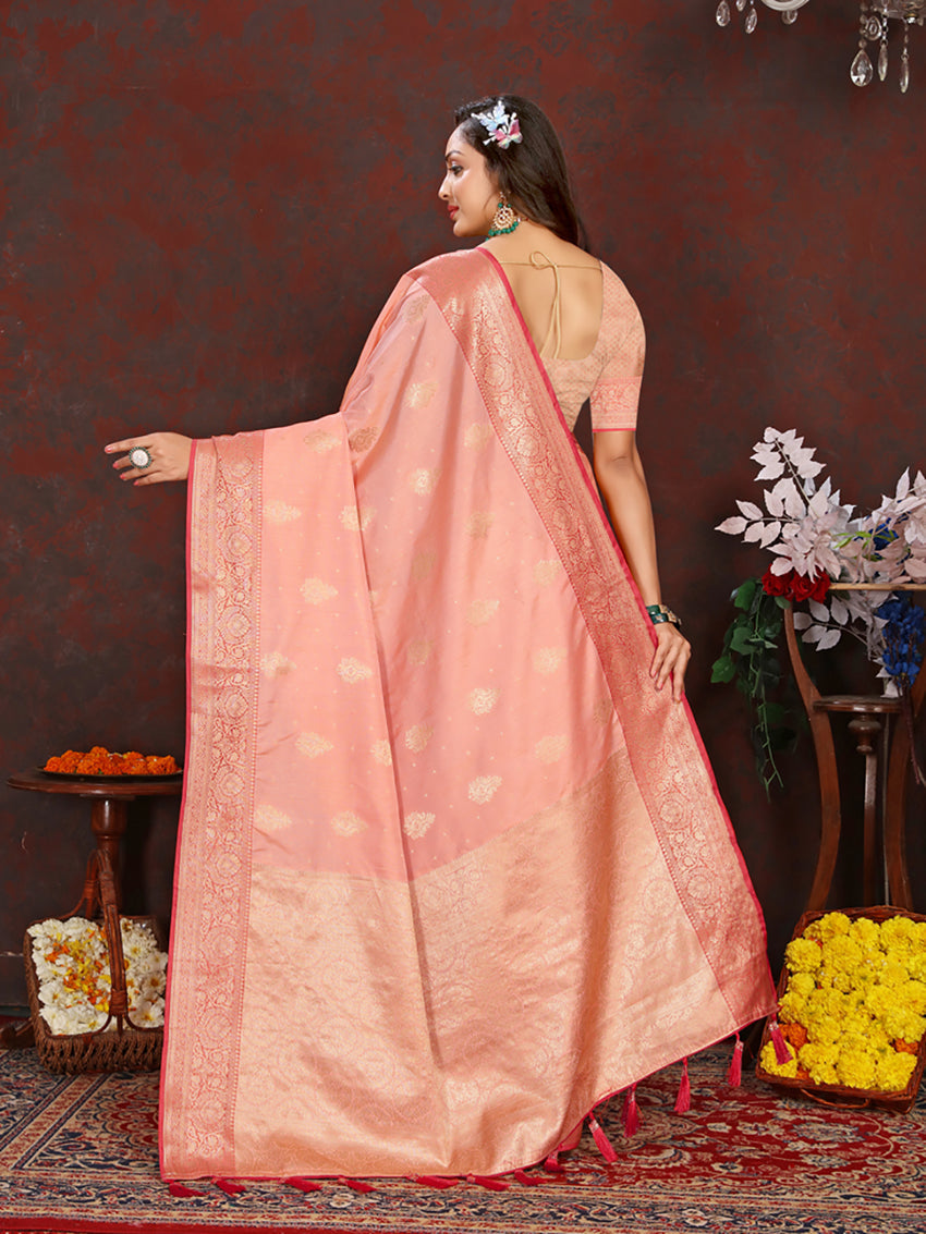 Lorenvalley Fashion Peach Soft Katan Silk Woven Design Zari Weaving Pallu Saree