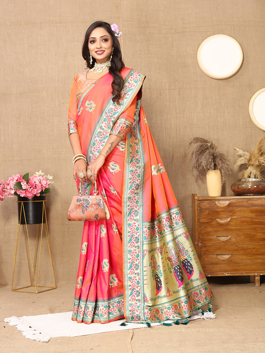 Lorenvalley Fashion Peach Soft Paithani Silk Woven Design Rich Meenakari Zari Weaving Pallu Saree