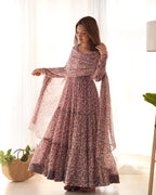 Lorenvalley Women Pure Soft Faux Georgette Floral Print Fully Flair Anarkali Kurta Pant With Dupatta Set - Peach