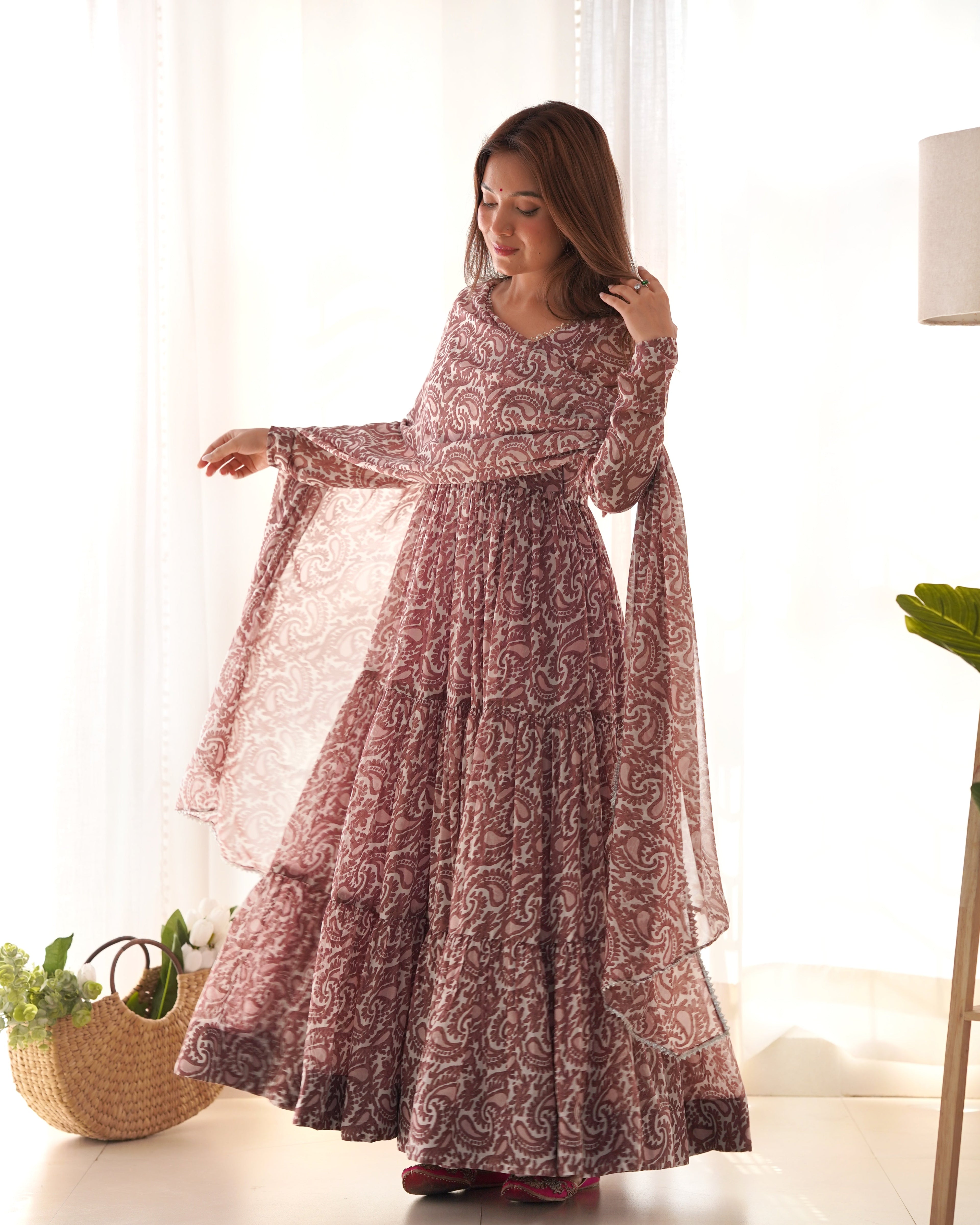 Lorenvalley Women Pure Soft Faux Georgette Floral Print Fully Flair Anarkali Kurta Pant With Dupatta Set - Peach
