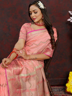 Lorenvalley Fashion Peach Soft Katan Silk Woven Design Zari Weaving Pallu Saree