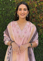 Lorenvalley Fashion Peach Roman Silk Hand Work Kurta Pant with Dupatta - Distacart