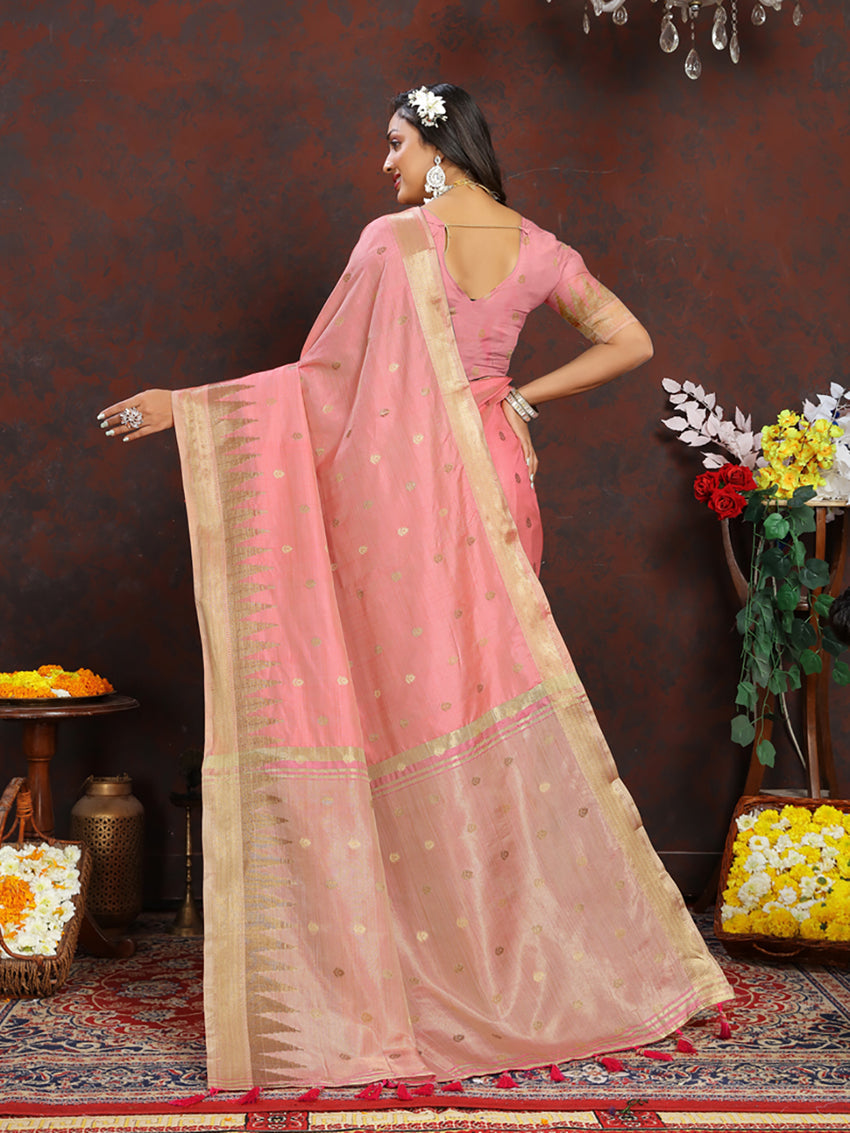 Lorenvalley Fashion Peach Soft Katan Silk Woven Design Zari Weaving Pallu Saree