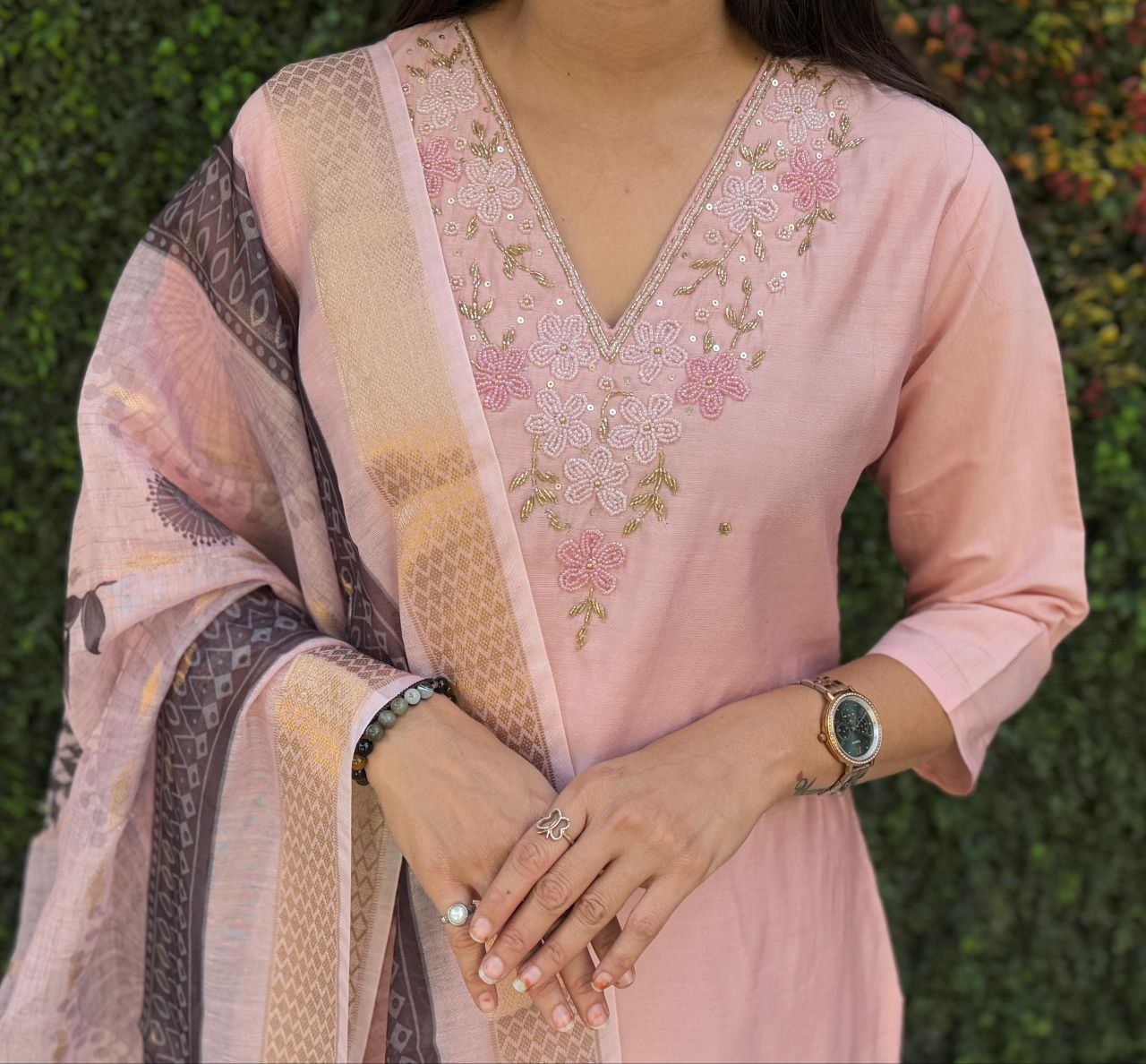 Lorenvalley Fashion Peach Roman Silk Hand Work Kurta Pant with Dupatta - Distacart