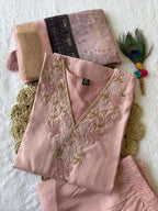 Lorenvalley Fashion Peach Roman Silk Hand Work Kurta Pant with Dupatta - Distacart