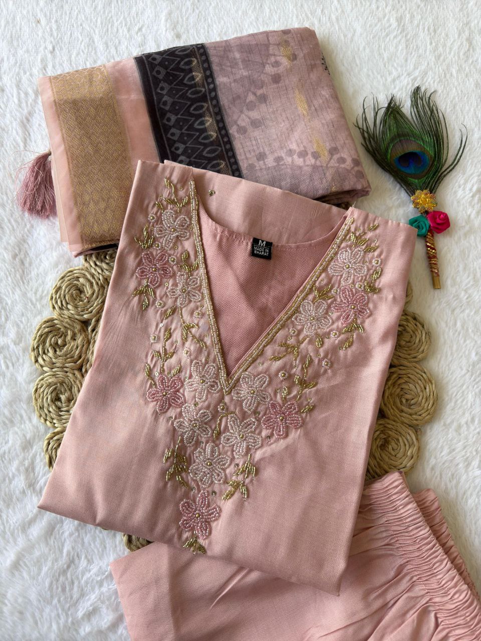 Lorenvalley Fashion Peach Roman Silk Hand Work Kurta Pant with Dupatta - Distacart