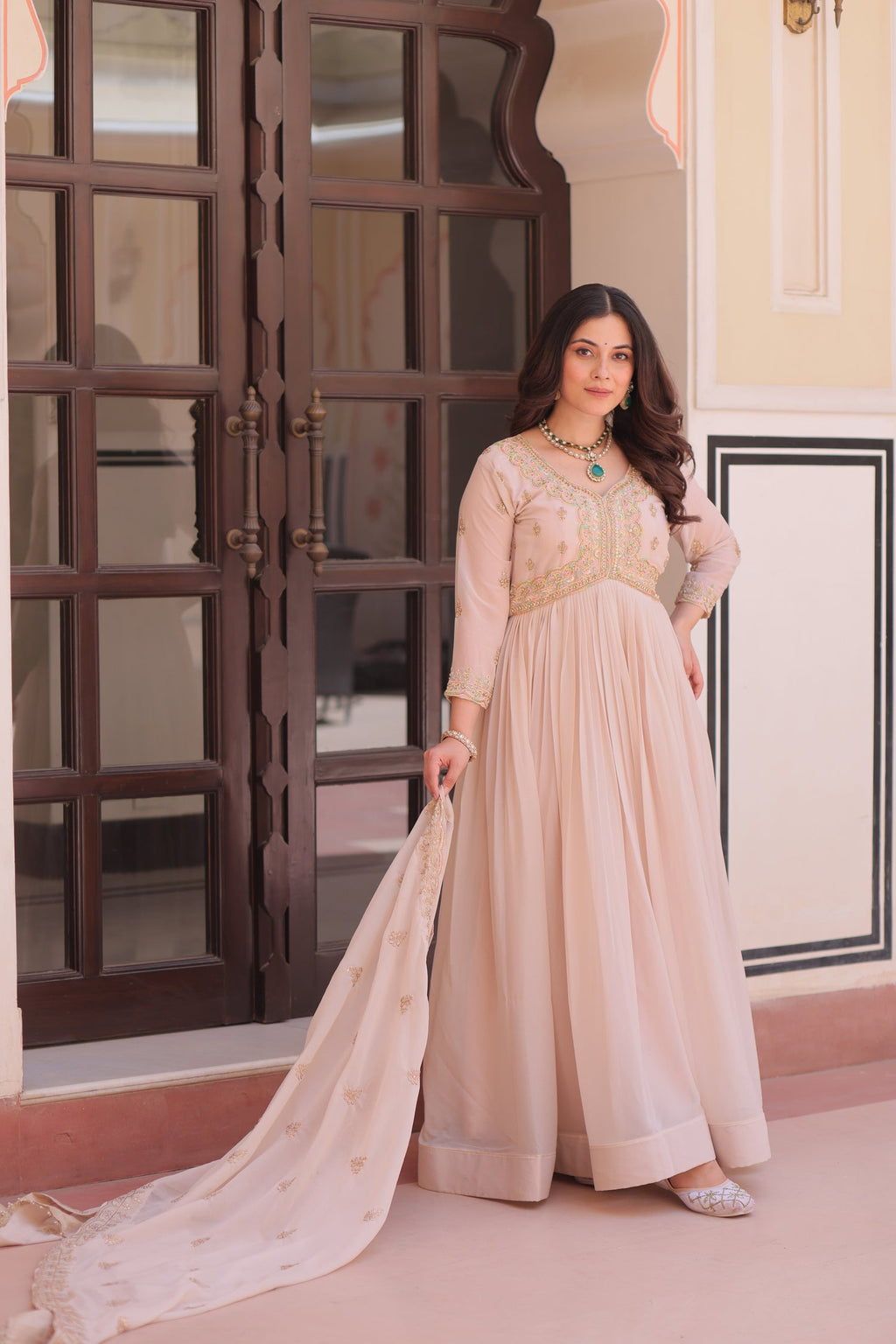 Lorenvalley Fashion Peach Star Georgette with Beads & Sequins Multi Embroidered work Anarkali Gown with Dupatta - Distacart