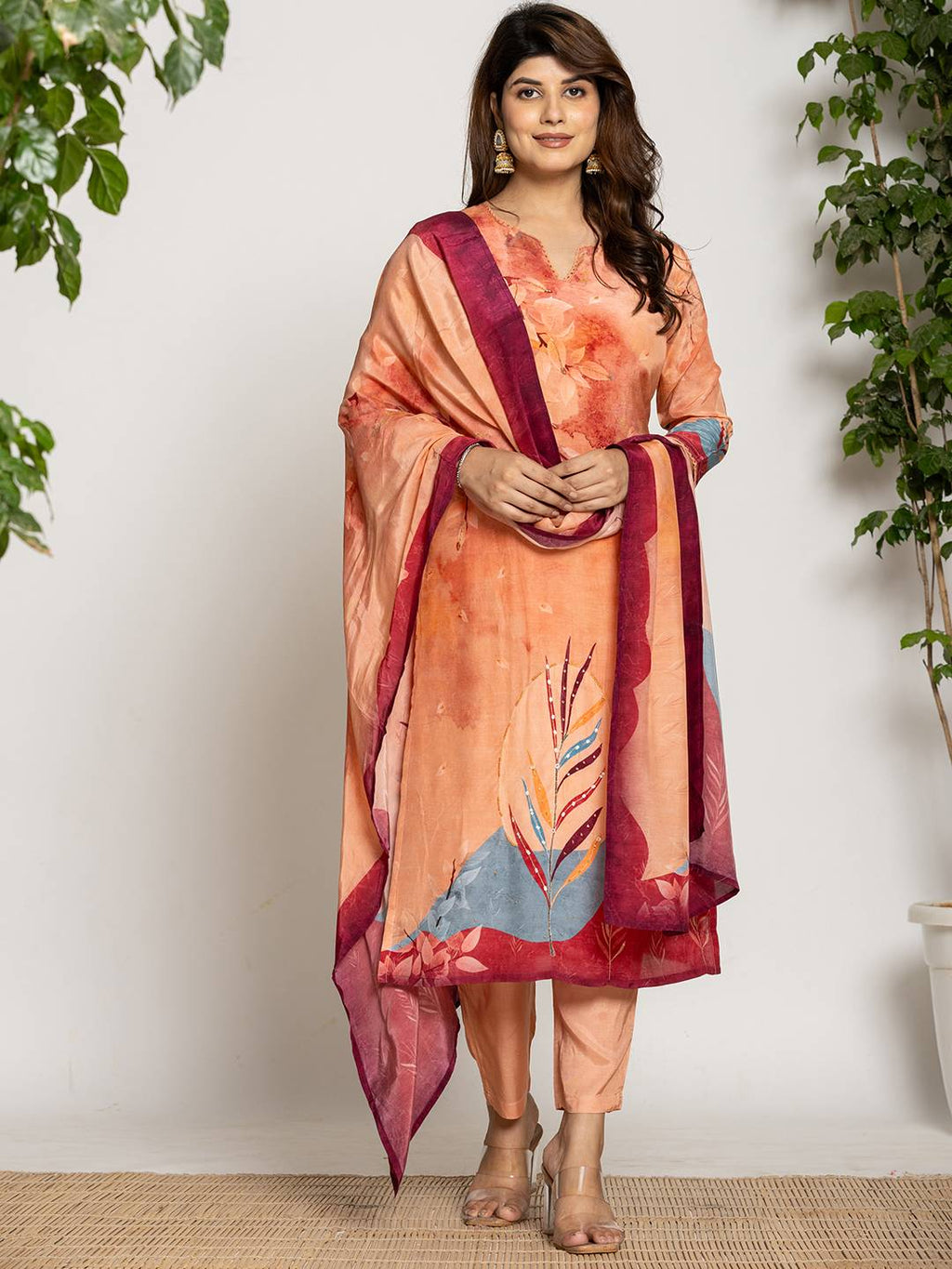 Yufta Peach Pure Crepe Placement Print Kurta Dupatta Set