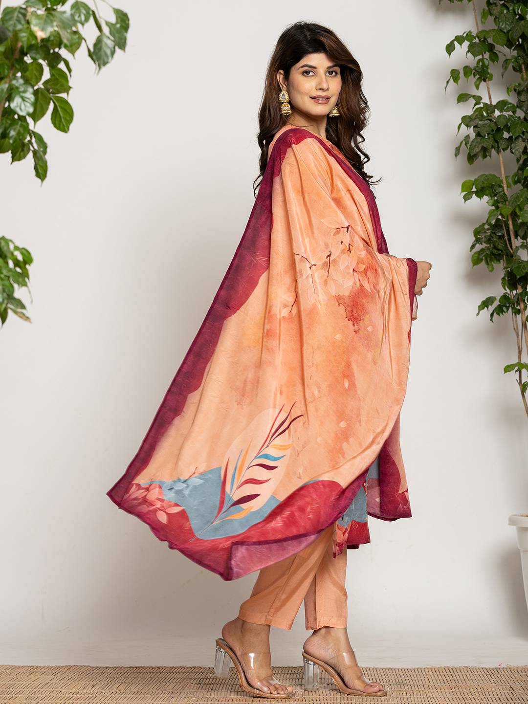 Yufta Peach Pure Crepe Placement Print Kurta Dupatta Set