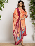 Yufta Peach Pure Crepe Placement Print Kurta Dupatta Set