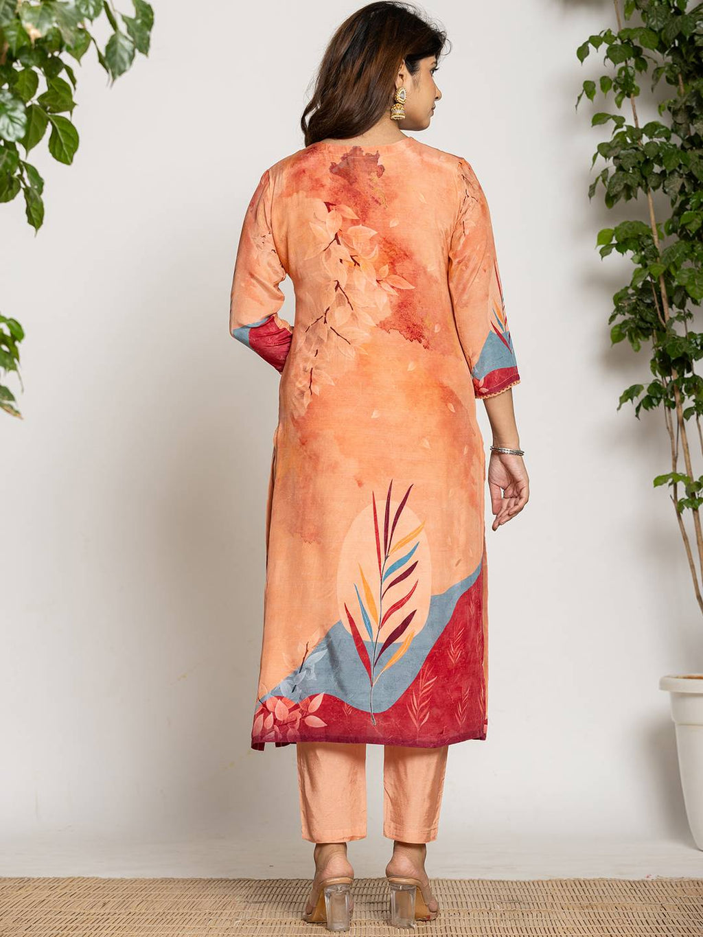 Yufta Peach Pure Crepe Placement Print Kurta Dupatta Set