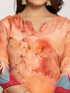 Yufta Peach Pure Crepe Placement Print Kurta Dupatta Set
