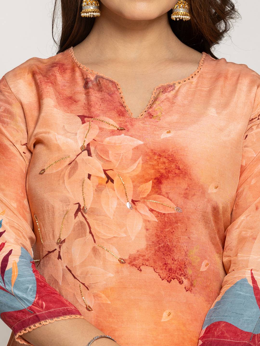 Yufta Peach Pure Crepe Placement Print Kurta Dupatta Set