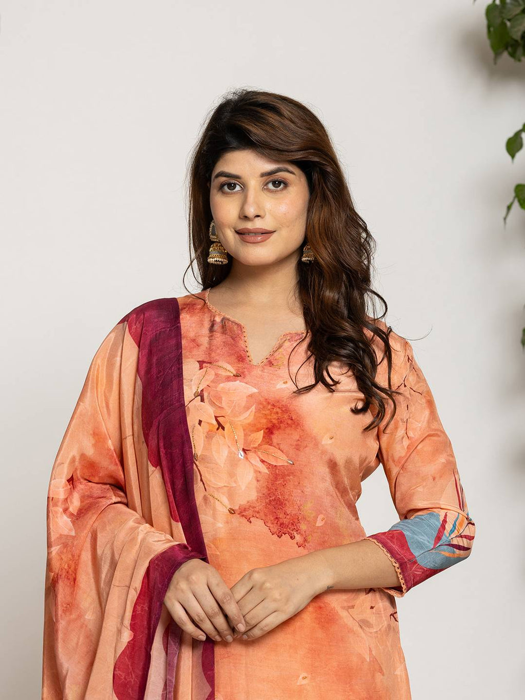 Yufta Peach Pure Crepe Placement Print Kurta Dupatta Set