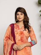Yufta Peach Pure Crepe Placement Print Kurta Dupatta Set