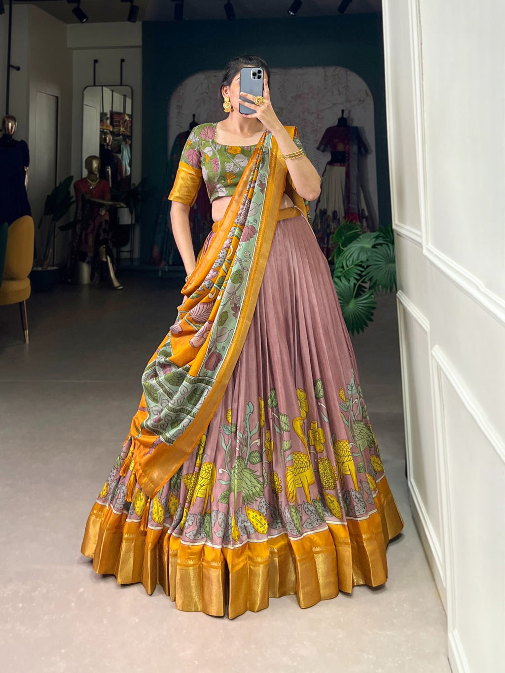 Lorenvalley Peach Dola Silk and Jacquard Silk Printed (Kalamkari) With Zari Weaving Border Lehenga Choli