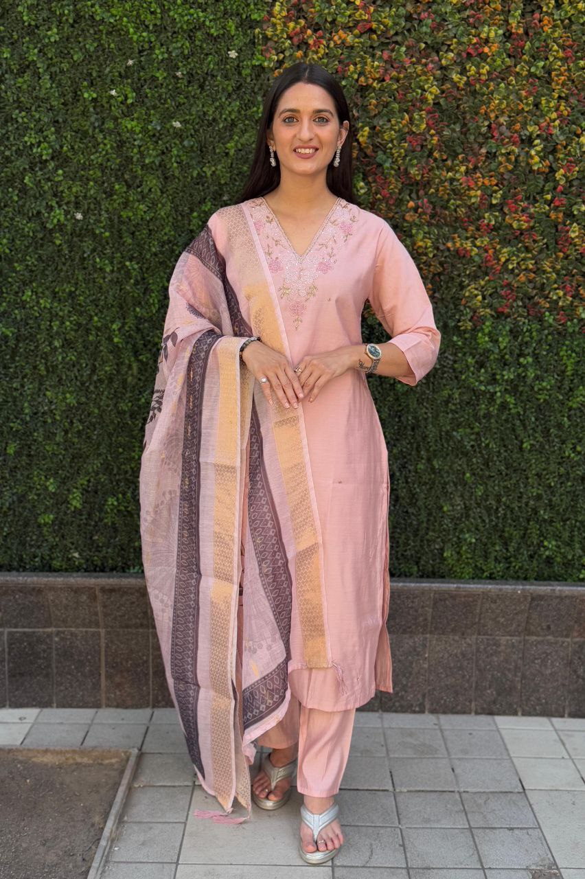 Lorenvalley Fashion Peach Roman Silk Hand Work Kurta Pant with Dupatta - Distacart