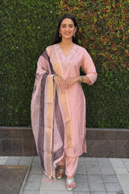 Lorenvalley Fashion Peach Roman Silk Hand Work Kurta Pant with Dupatta - Distacart