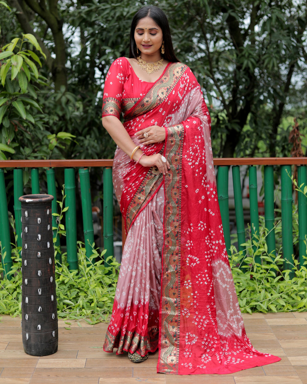 Lorenvalley Premium Pure Bandhej Tapeta Soft light weight silk saree with zari weaving Border - Multicolor
