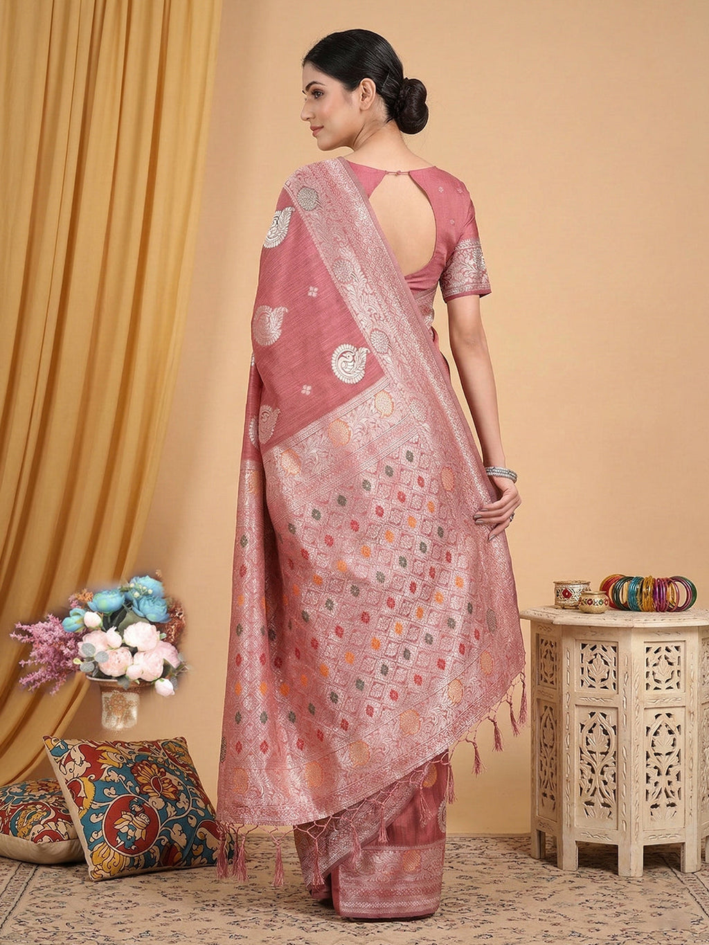 Anaita Peach Linen Woven Work Saree With Blouse - Distacart