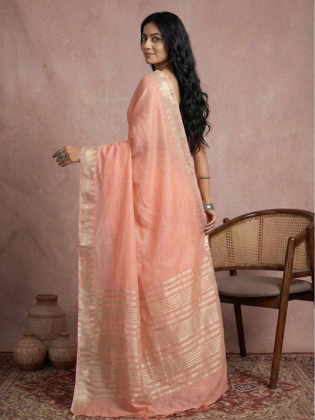 Anaita Peach Cotton Saree With Blouse - Distacart
