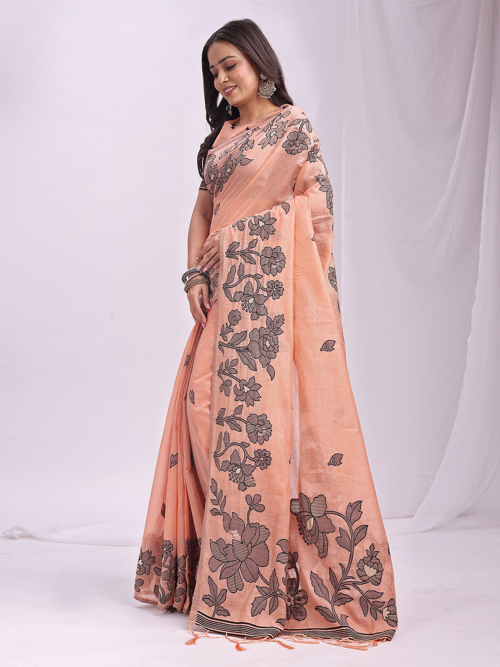 Anaita Peach Linen Printed Saree With Blouse - Distacart