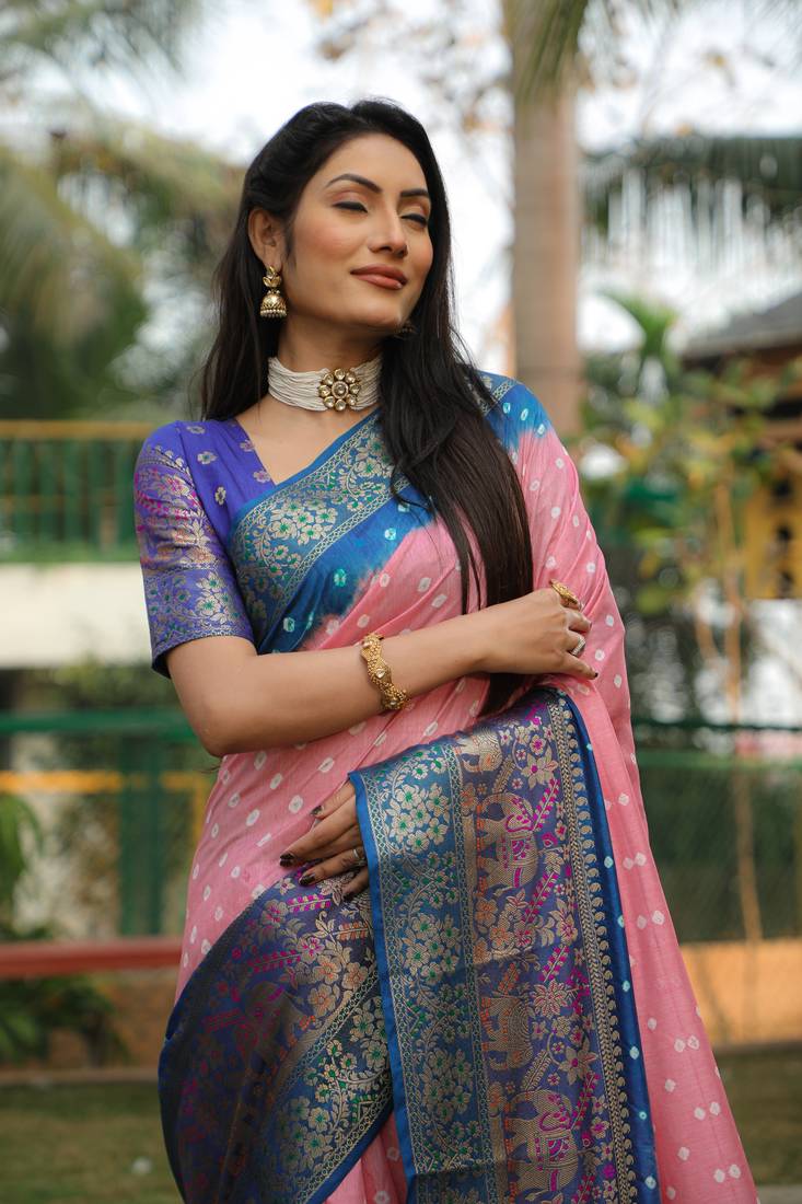 Anaita Peach Woven Design Pure Bandhej Kanjivaram Soft Silk Saree - Distacart