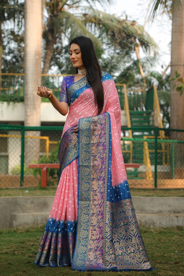 Anaita Peach Woven Design Pure Bandhej Kanjivaram Soft Silk Saree - Distacart