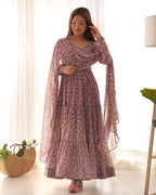 Lorenvalley Women Pure Soft Faux Georgette Floral Print Fully Flair Anarkali Kurta Pant With Dupatta Set - Peach