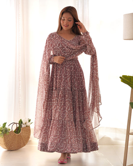 Lorenvalley Women Pure Soft Faux Georgette Floral Print Fully Flair Anarkali Kurta Pant With Dupatta Set - Peach