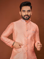 Anaita Peach Jacquard Silk Straight Kurta With Koti & Pajama