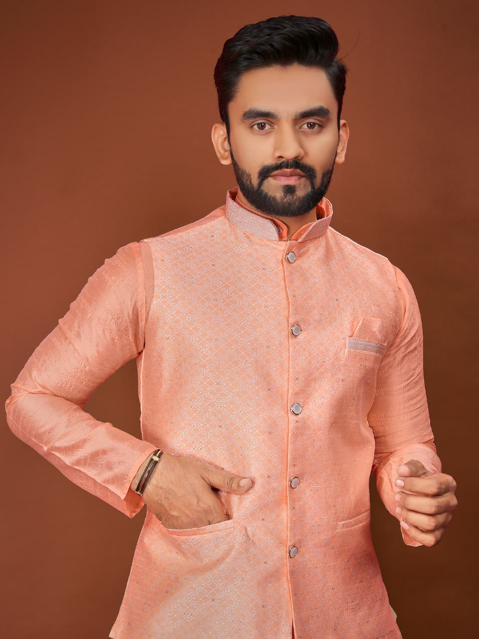 Anaita Peach Jacquard Silk Straight Kurta With Koti & Pajama