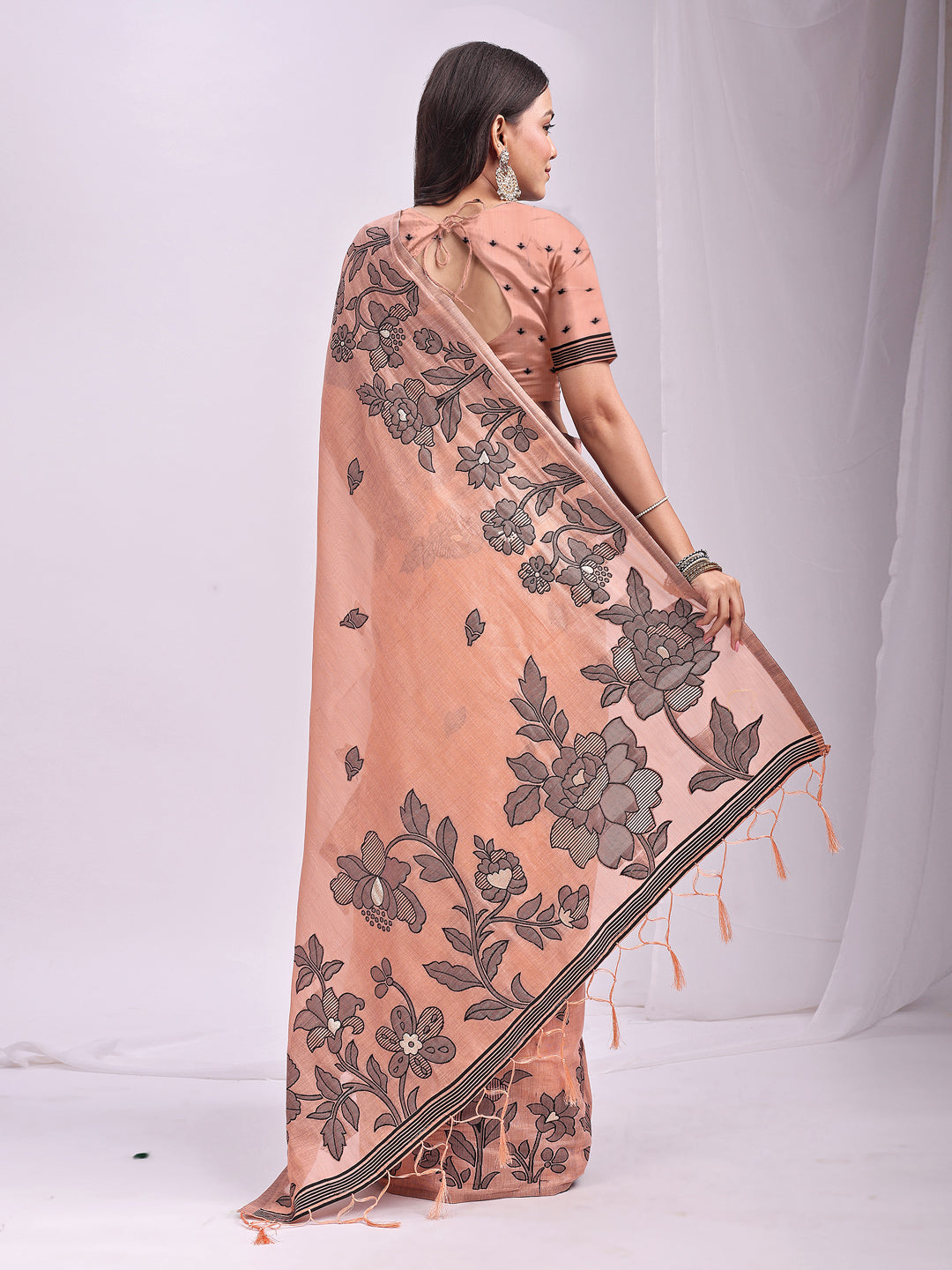 Anaita Peach Linen Printed Saree With Blouse - Distacart