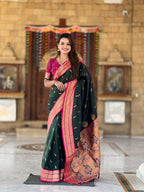 Vedant Vastram Soft Litchi Silk Paithani Jacquard Saree - Green