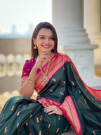 Vedant Vastram Soft Litchi Silk Paithani Jacquard Saree - Green