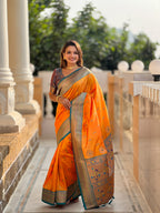 Vedant Vastram Soft Litchi Silk Paithani Jacquard Saree - Orange