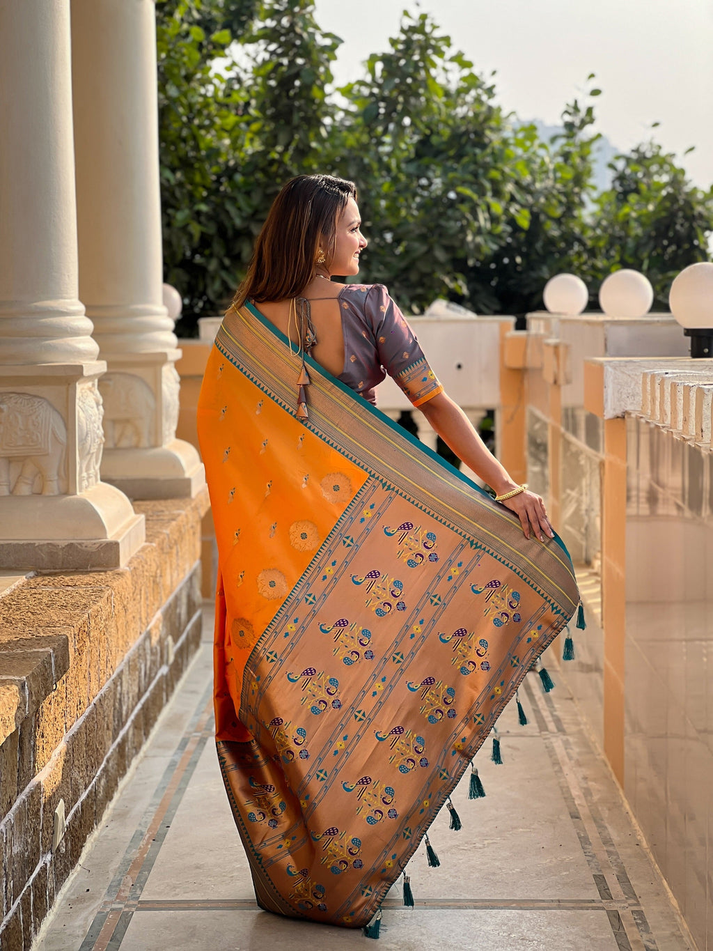 Vedant Vastram Soft Litchi Silk Paithani Jacquard Saree - Orange