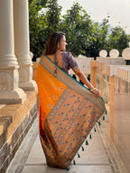 Vedant Vastram Soft Litchi Silk Paithani Jacquard Saree - Orange
