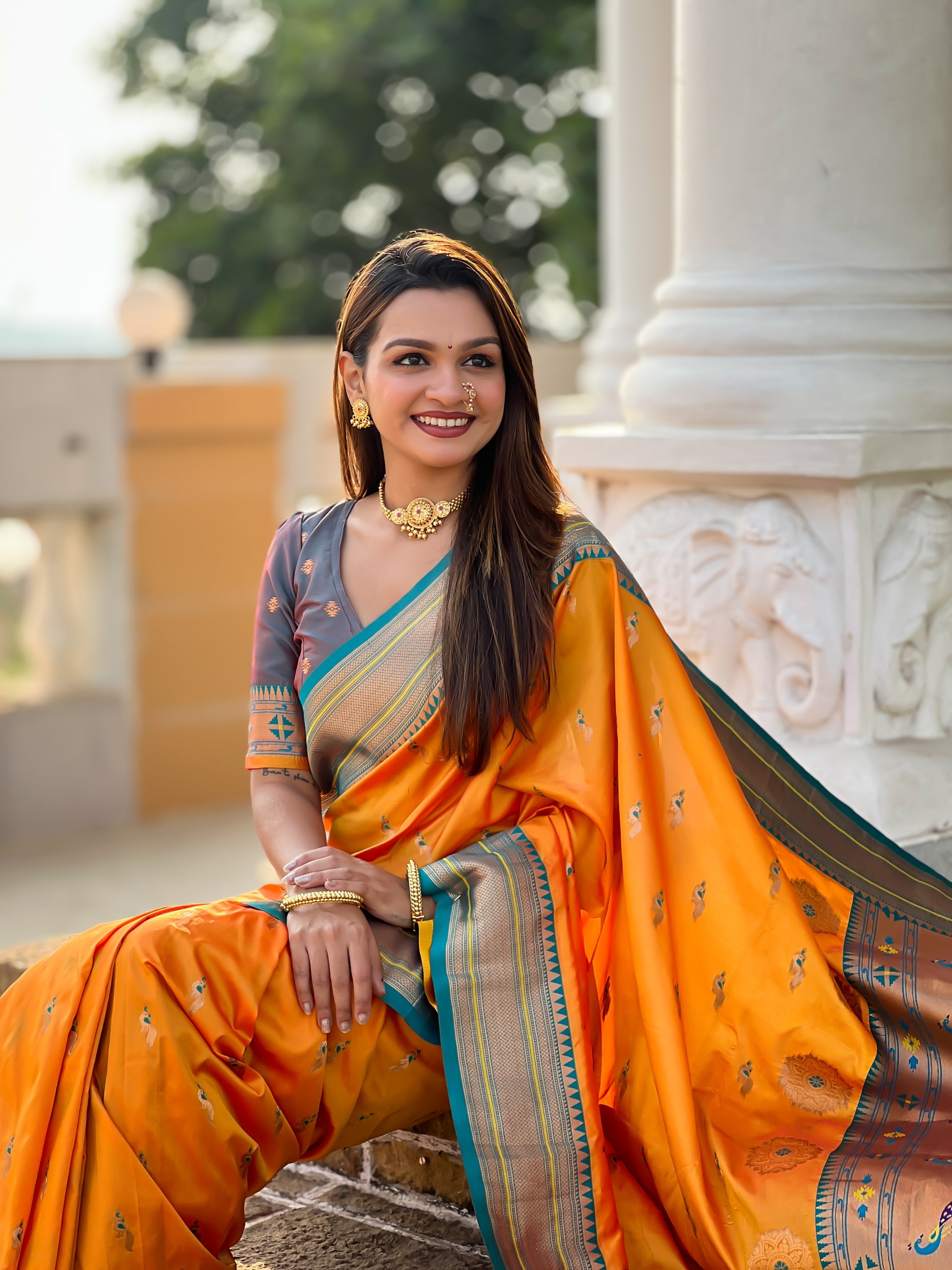Vedant Vastram Soft Litchi Silk Paithani Jacquard Saree - Orange