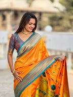 Vedant Vastram Soft Litchi Silk Paithani Jacquard Saree - Orange