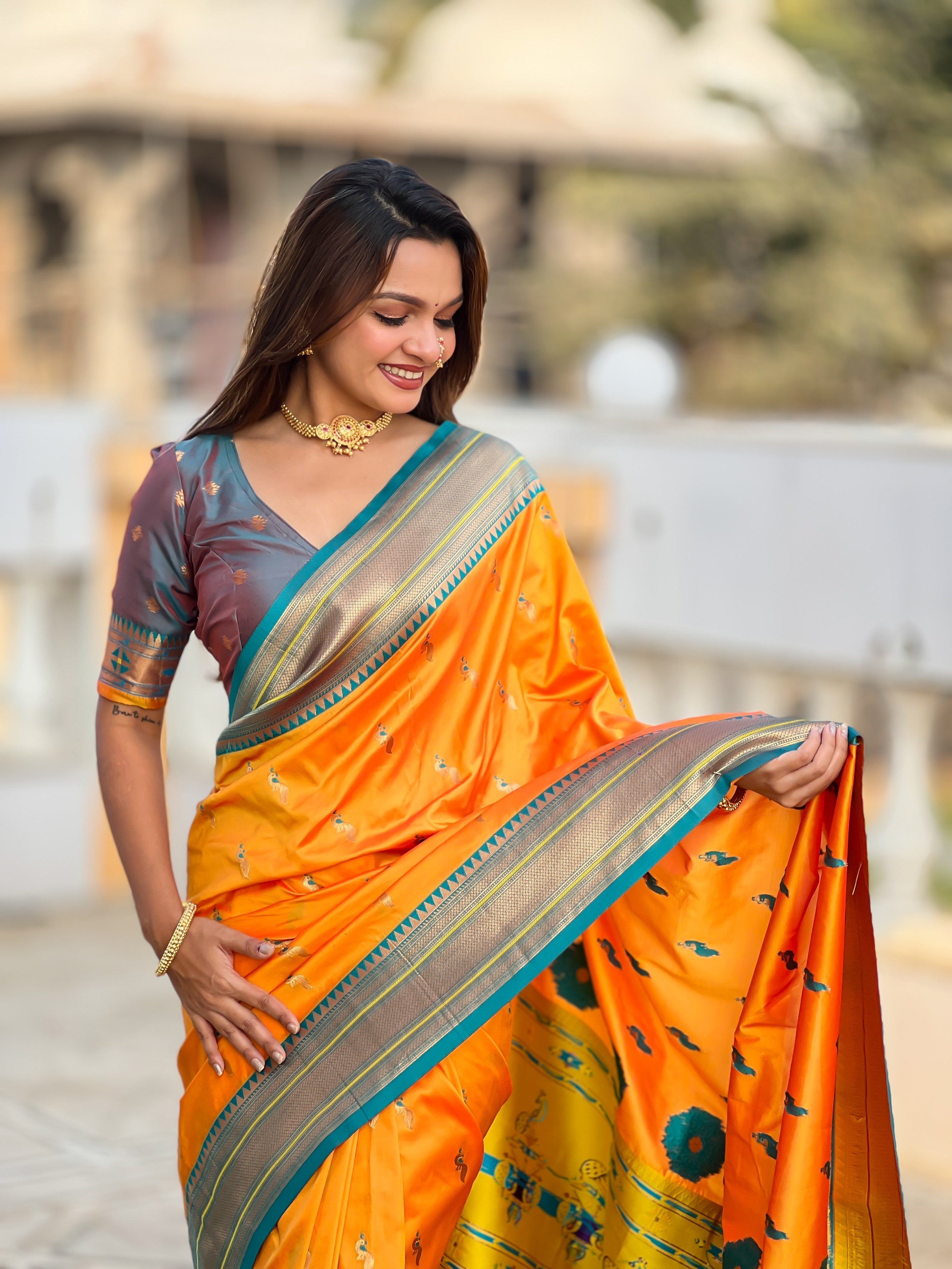Vedant Vastram Soft Litchi Silk Paithani Jacquard Saree - Orange