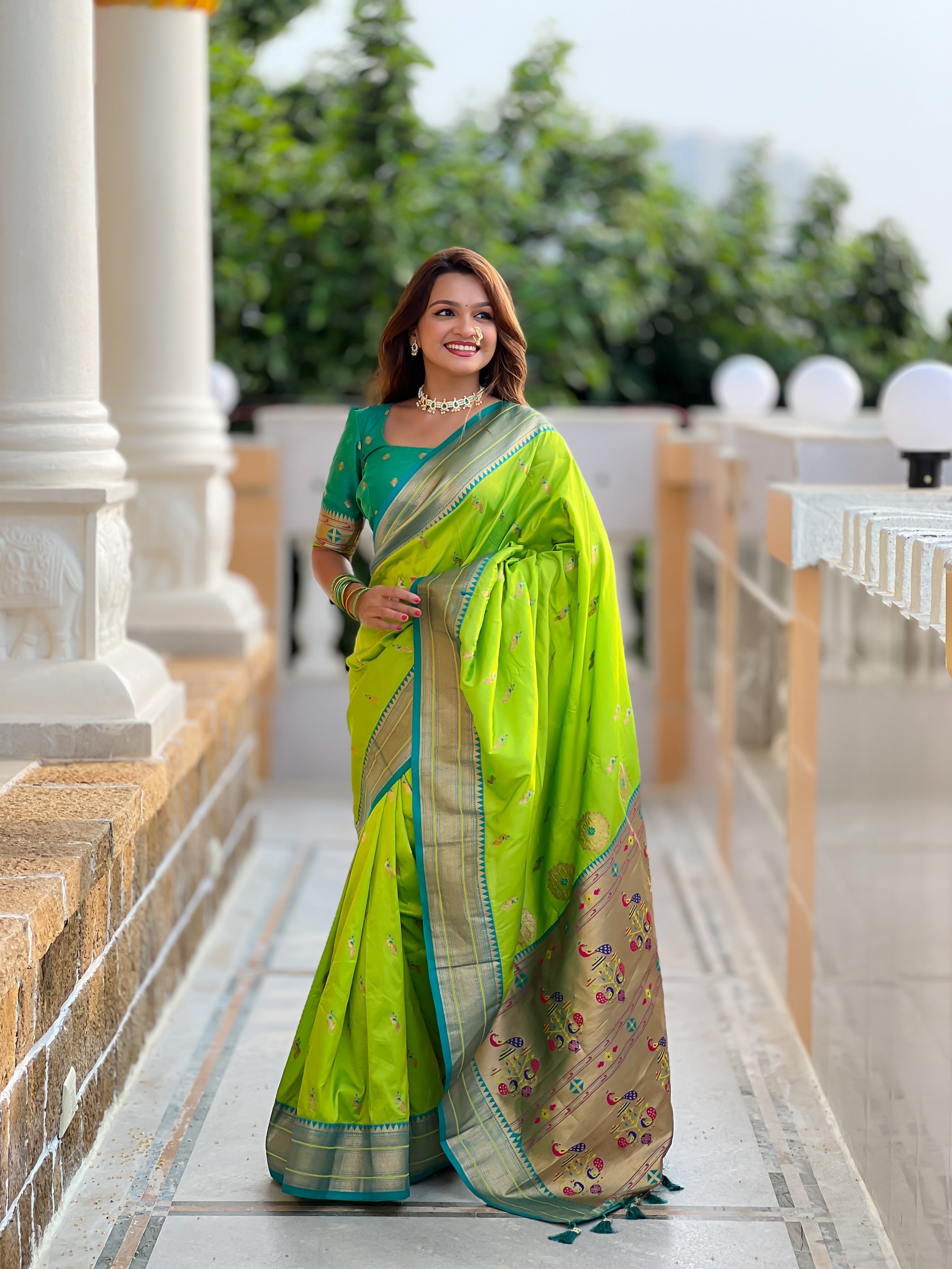 Vedant Vastram Soft Litchi Silk Paithani Jacquard Saree - Parrot