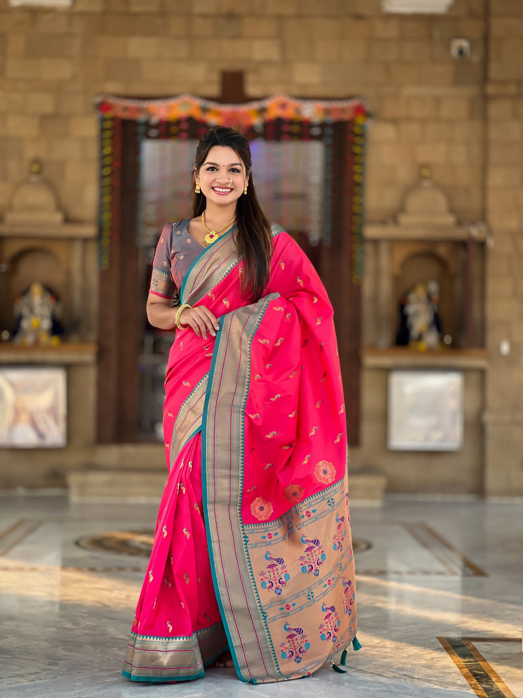 Vedant Vastram Soft Litchi Silk Paithani Jacquard Saree - Pink - Distacart
