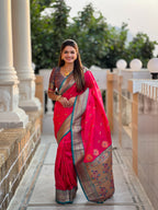 Vedant Vastram Soft Litchi Silk Paithani Jacquard Saree - Pink - Distacart