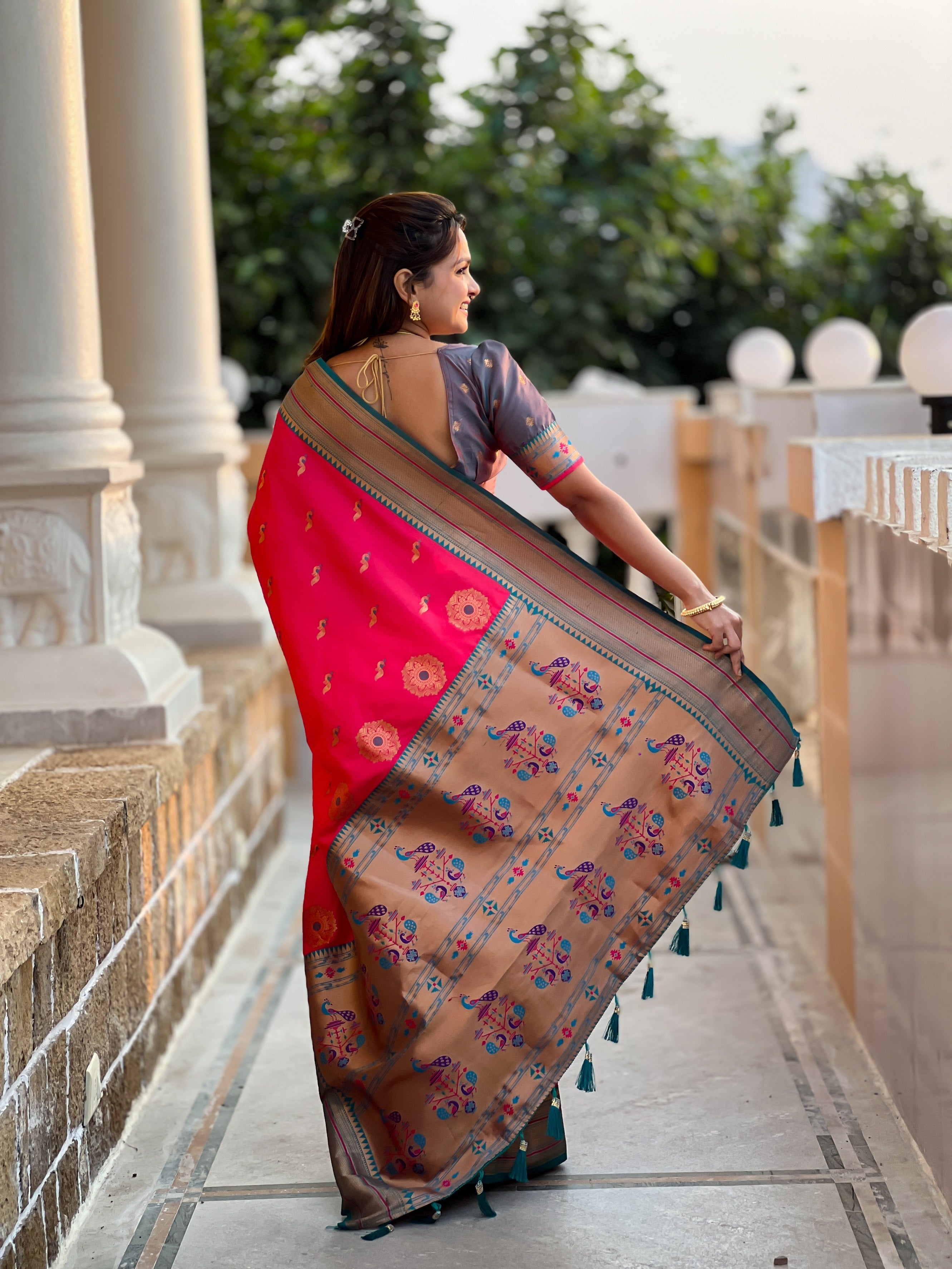 Vedant Vastram Soft Litchi Silk Paithani Jacquard Saree - Pink - Distacart