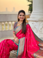 Vedant Vastram Soft Litchi Silk Paithani Jacquard Saree - Pink - Distacart