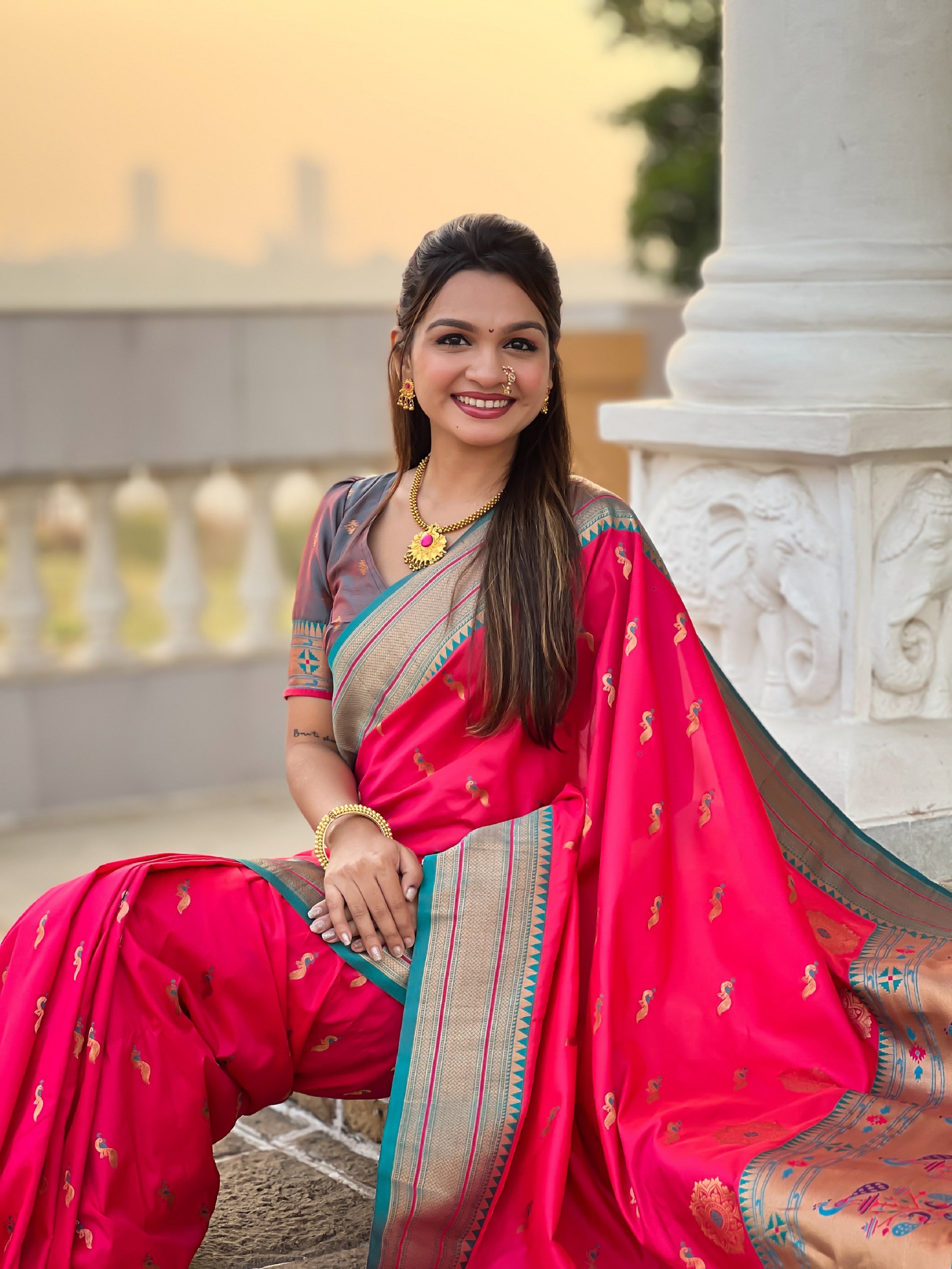 Vedant Vastram Soft Litchi Silk Paithani Jacquard Saree - Pink - Distacart