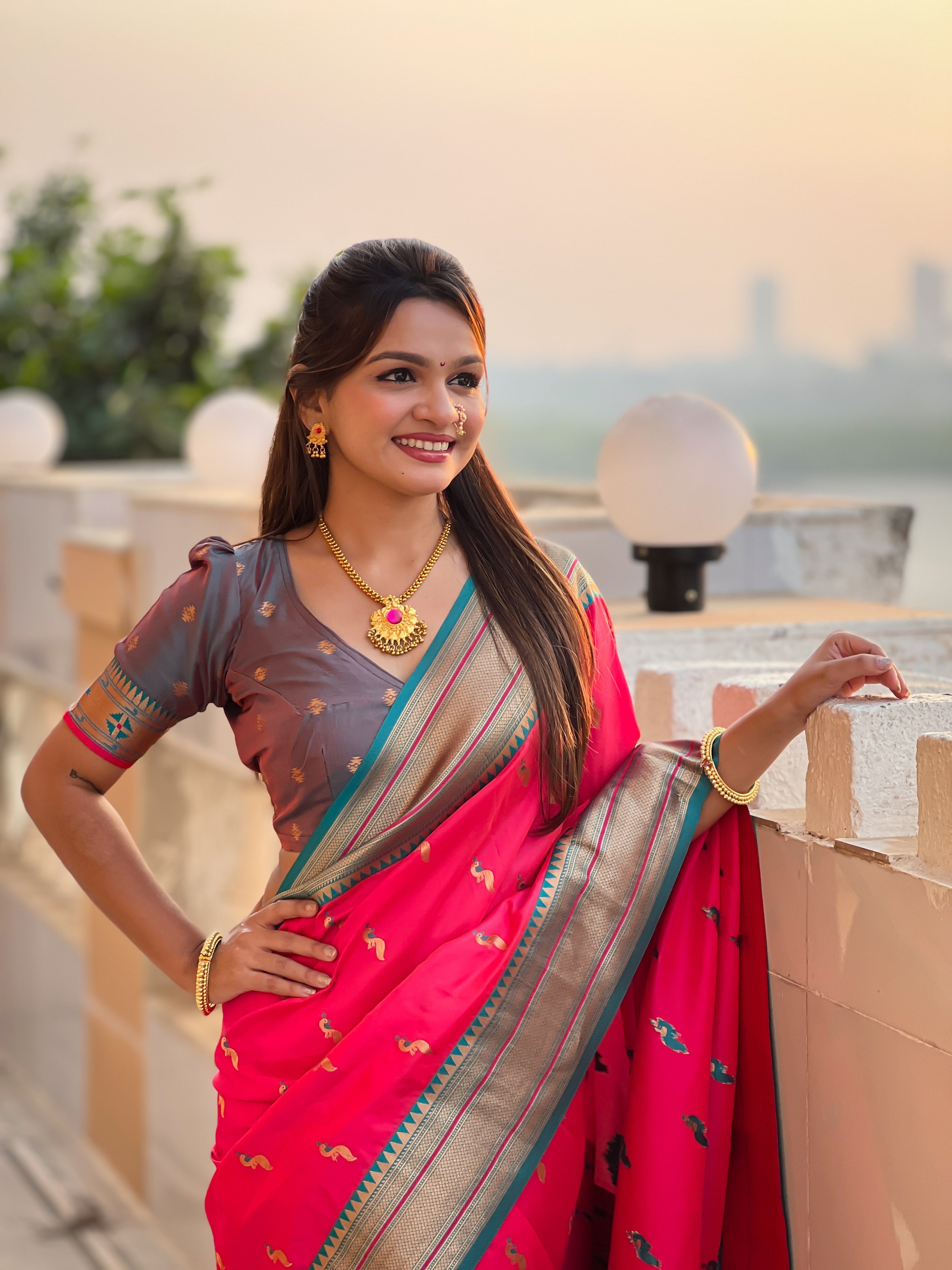 Vedant Vastram Soft Litchi Silk Paithani Jacquard Saree - Pink - Distacart